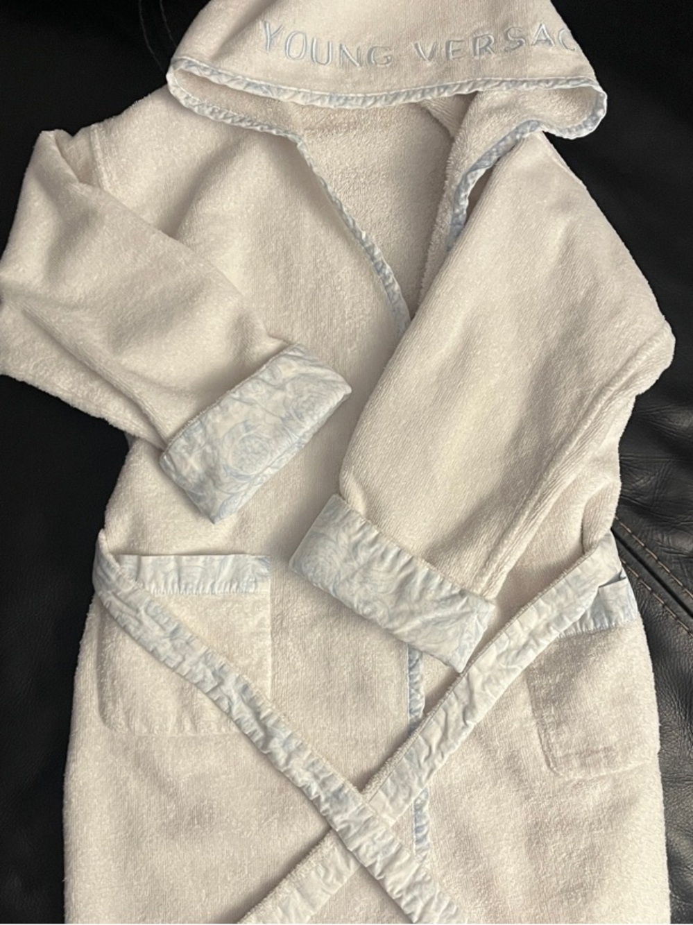 Versace White Hooded Terry Robe with Pale Blue Trim - Kids